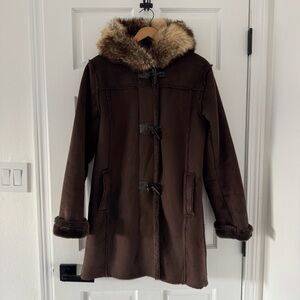 Chocolate Brown Faux Fur Trimmed Women's Pea Coat